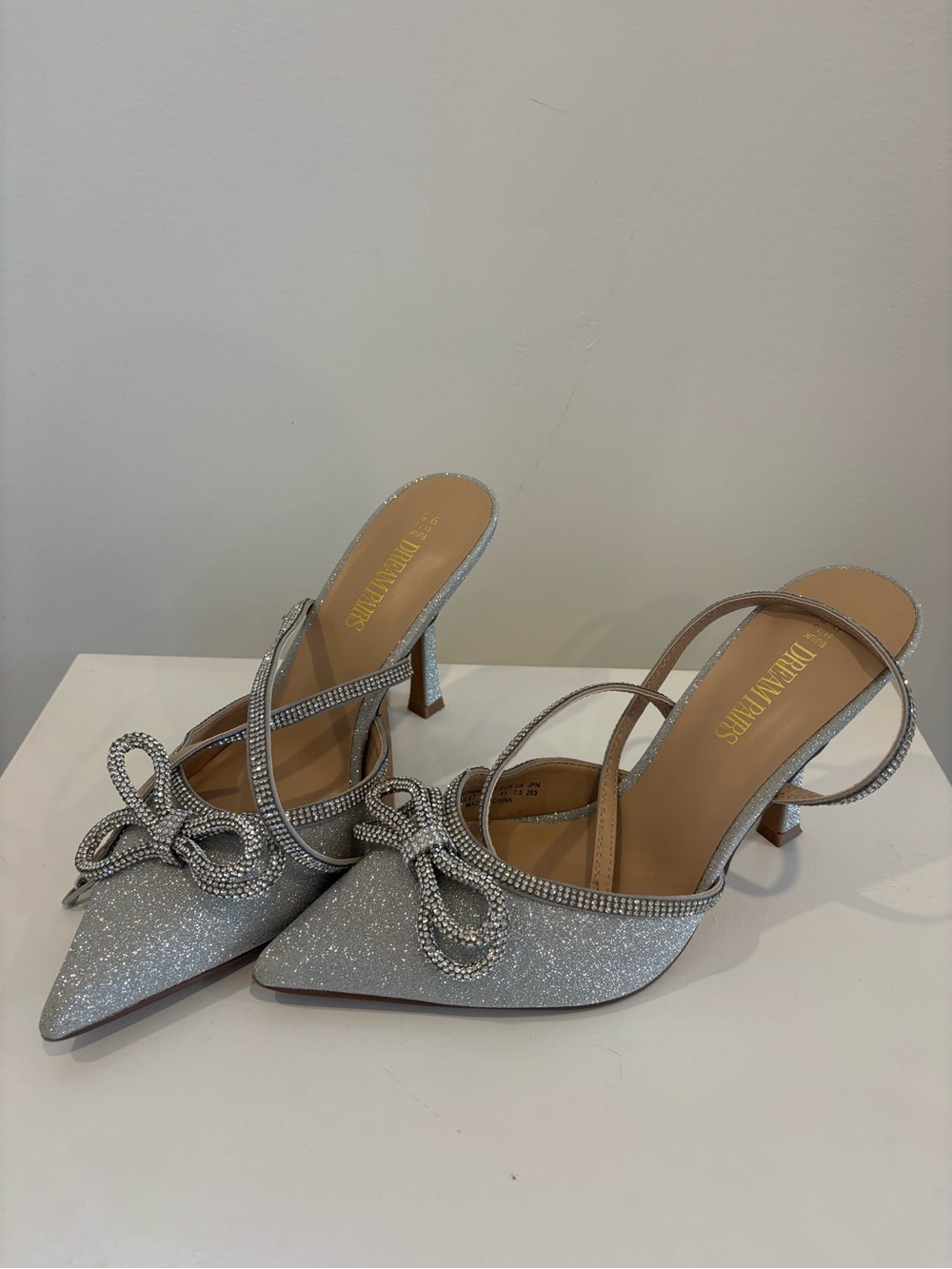 Embellished Silver Pointed-Toe Slingback Heels